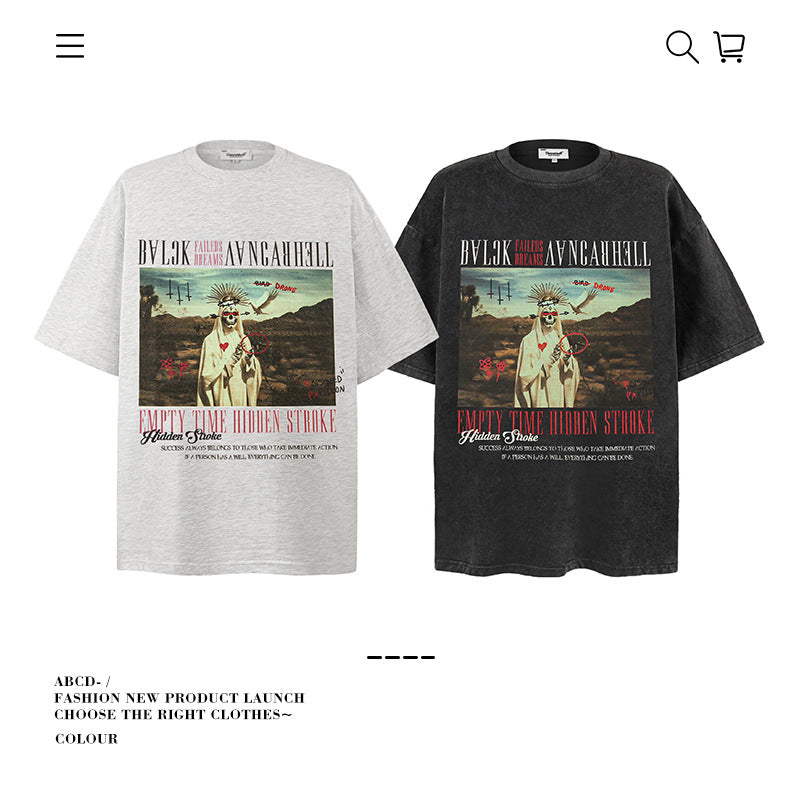 American vintage street T-shirt pure cotton retro men's and women's summer loose