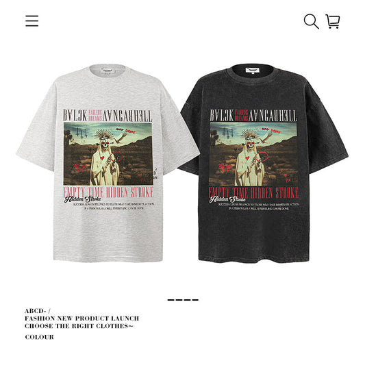 American vintage street T-shirt pure cotton retro men's and women's summer loose