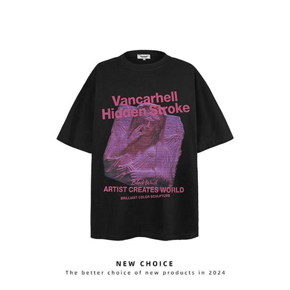 American vintage street T-shirt retro figure statue print men's summer loose half sleeve