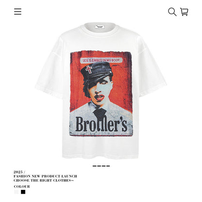 American vintage street T-shirt pure cotton retro men's and women's summer loose half sleeves