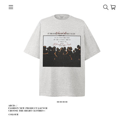 American vintage street T-shirt pure cotton retro men's and women's summer loose half sleeves