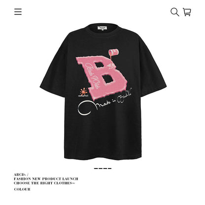 American vintage street T-shirt letter print cotton summer boys
