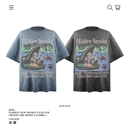 American vintage street T-shirt cartoon print loose summer cotton men's clothing