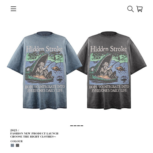 American vintage street T-shirt cartoon print loose summer cotton men's clothing
