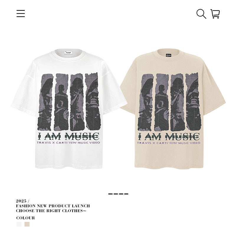 American vintage street T-shirt cotton men's summer loose