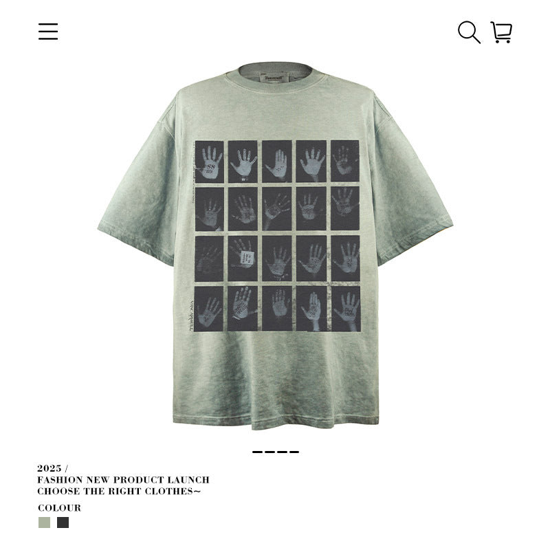American vintage street T-shirt men's summer loose and old half-sleeved top