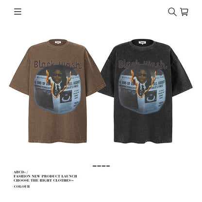 American vintage street T-shirt pure cotton retro men's and women's summer loose