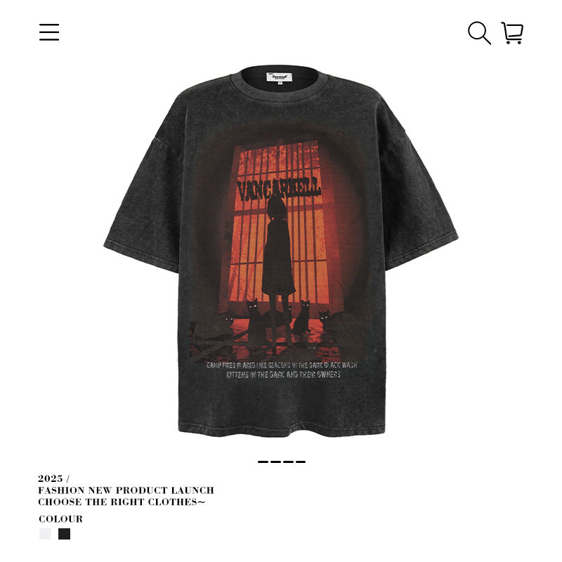 American vintage street T-shirt summer men's loose pure cotton
