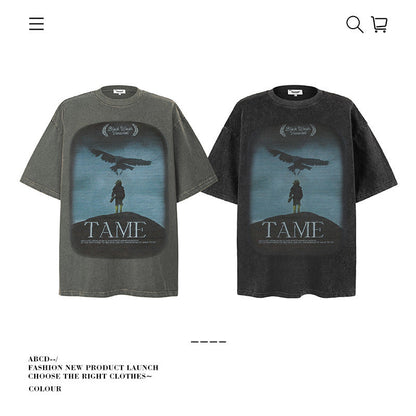 American vintage street T-shirt pure cotton retro men's and women's summer loose