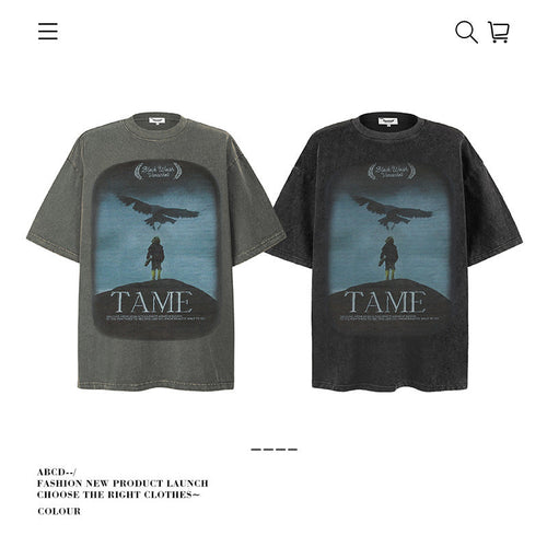 American vintage street T-shirt pure cotton retro men's and women's summer loose