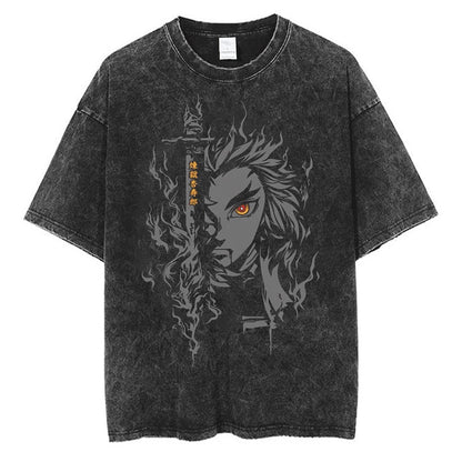 2024Harajuku Streetwear Black Washed T-Shirt Anime Graphic