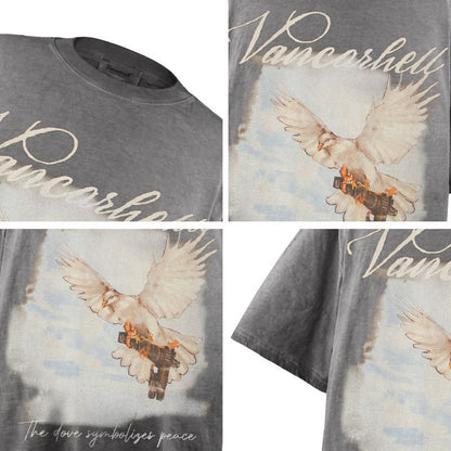 American vintage street T-shirt retro hand-painted bird print men's summer loose half sleeve