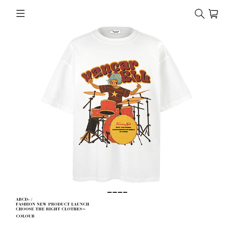 American vintage street T-shirt cotton men's summer loose