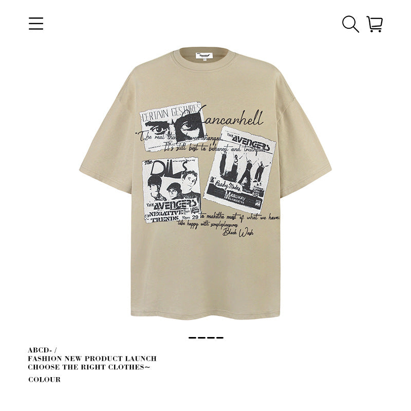 American vintage street T-shirt pure cotton retro men's and women's summer loose