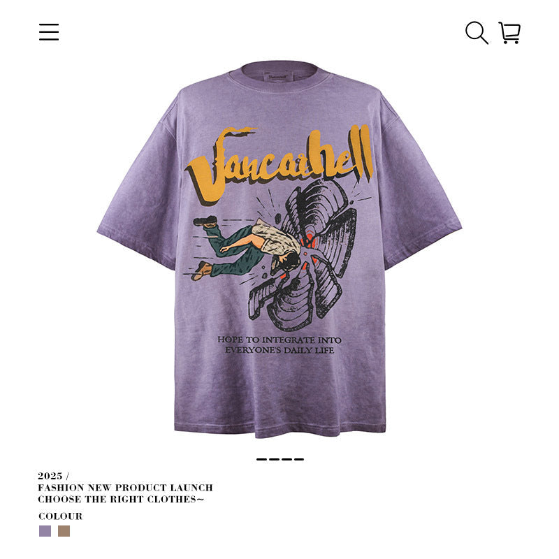 American vintage street T-shirt retro men's summer loose cotton five-quarter sleeves