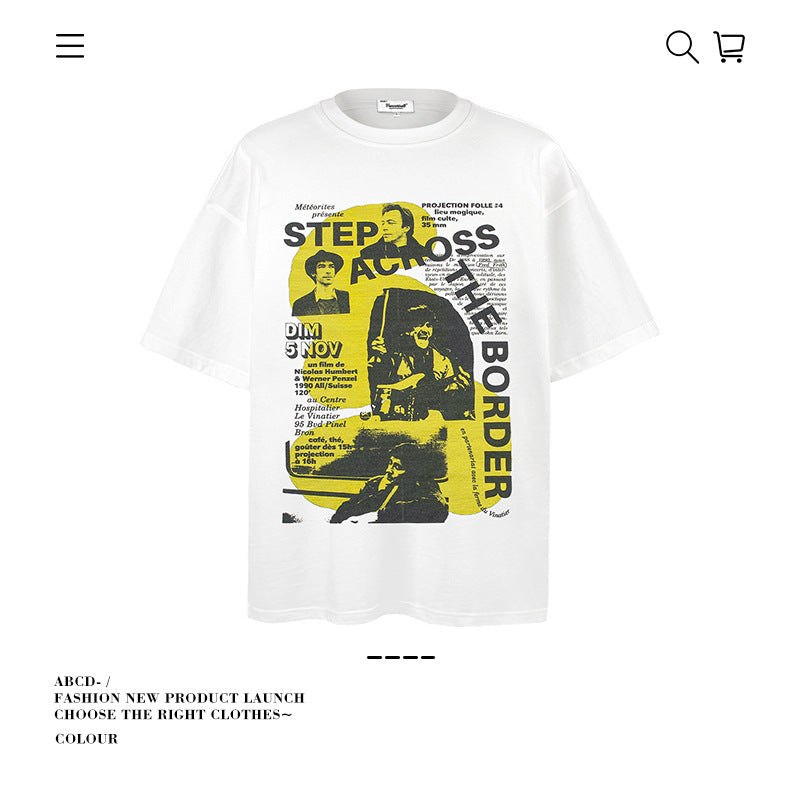 American vintage street T-shirt pure cotton retro men's and women's summer loose half sleeves