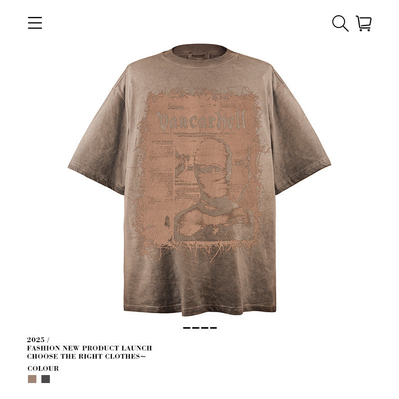 American vintage street T-shirt character print men's summer loose half sleeve