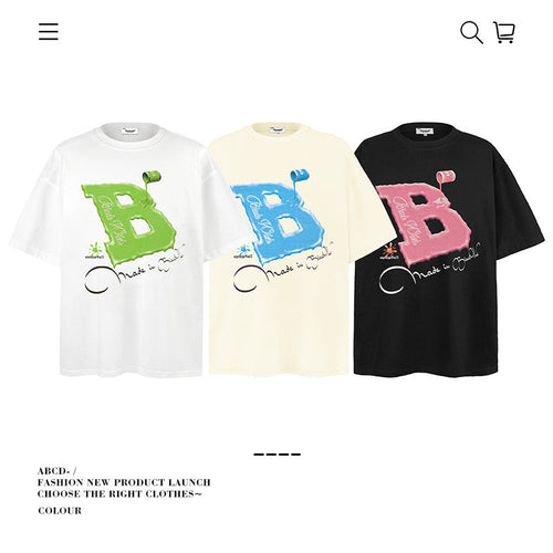 American vintage street T-shirt letter print cotton summer boys