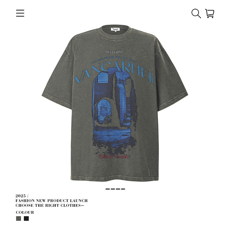 American vintage street T-shirt pure cotton retro men's and women's summer loose half sleeves