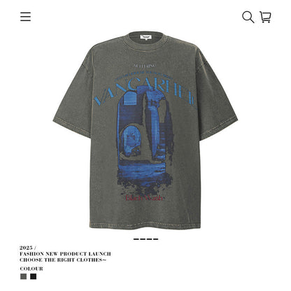 American vintage street T-shirt pure cotton retro men's and women's summer loose half sleeves