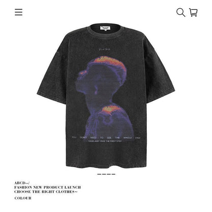 American vintage street T-shirt summer men's loose pure cotton