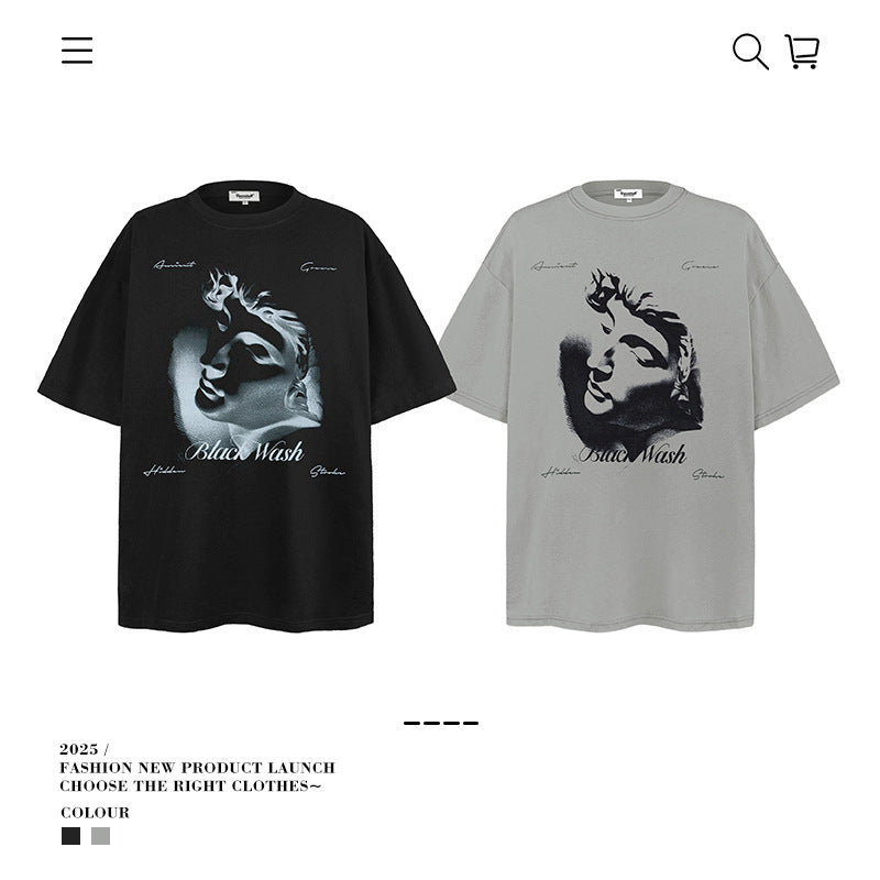 American vintage street T-shirt portrait print men's loose spring and summer half-sleeved shirt
