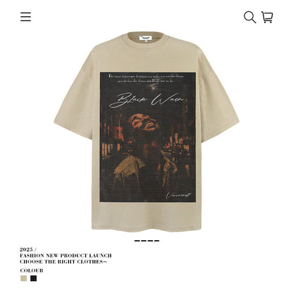 American vintage street T-shirt pure cotton retro men's and women's summer loose half sleeves