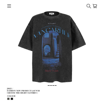 American vintage street T-shirt pure cotton retro men's and women's summer loose half sleeves