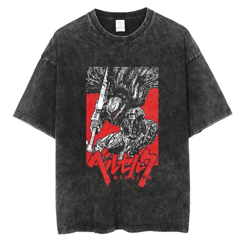 2024Berserk Print T Shirt Men Vintage Washed T-Shirt Anime