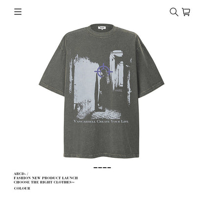 American vintage street T-shirt men's loose spring and summer half-sleeved shirt