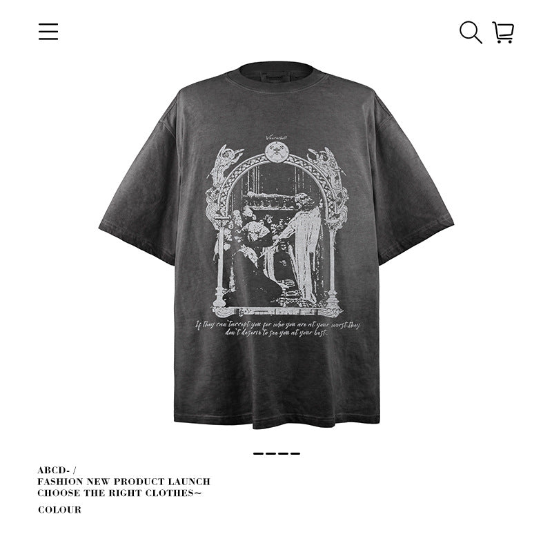 American vintage street T-shirt cotton vintage character print men and women summer loose