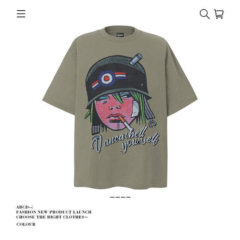 American vintage street T-shirt pure cotton men's and women's summer loose