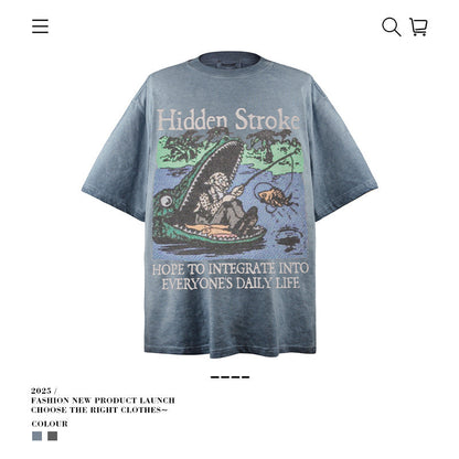 American vintage street T-shirt cartoon print loose summer cotton men's clothing