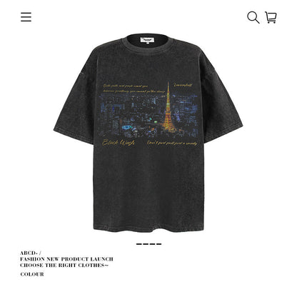 American vintage street T-shirt pure cotton retro men's and women's summer loose half sleeves