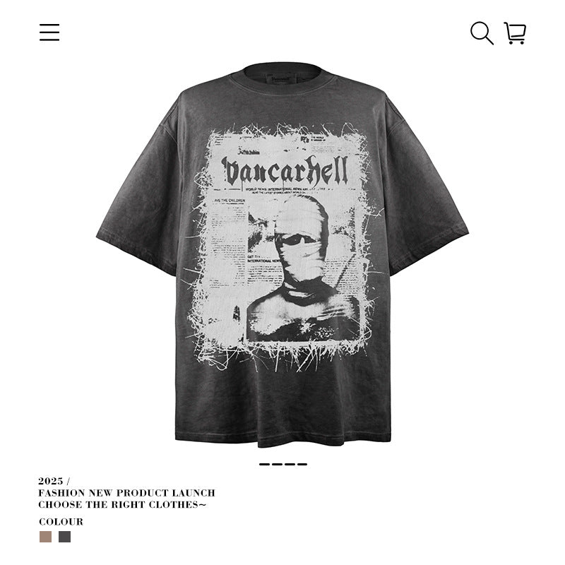 American vintage street T-shirt character print men's summer loose half sleeve
