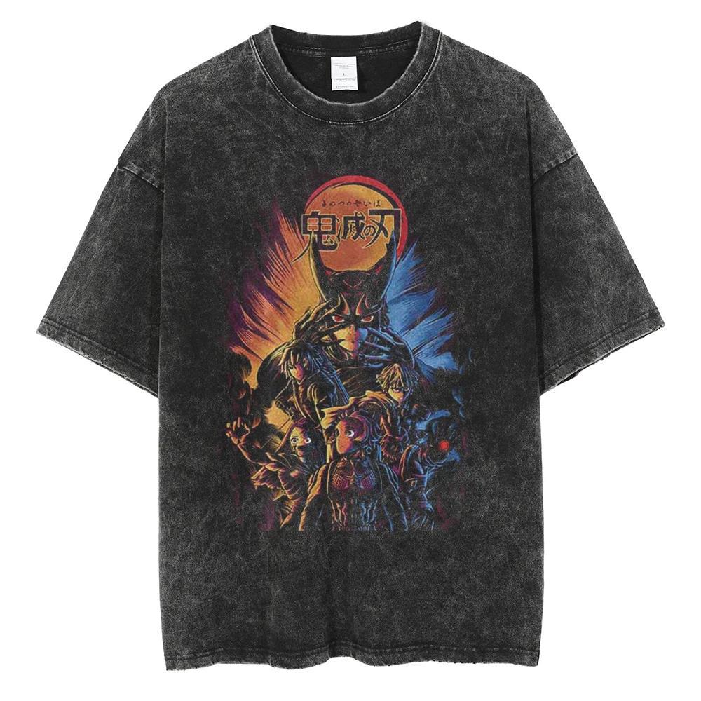 2024Men Vintage Black T Shirt Streetwear Harajuku Anime Print