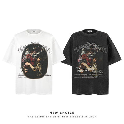 American vintage street T-shirt retro men's summer street loose half-sleeved shirt