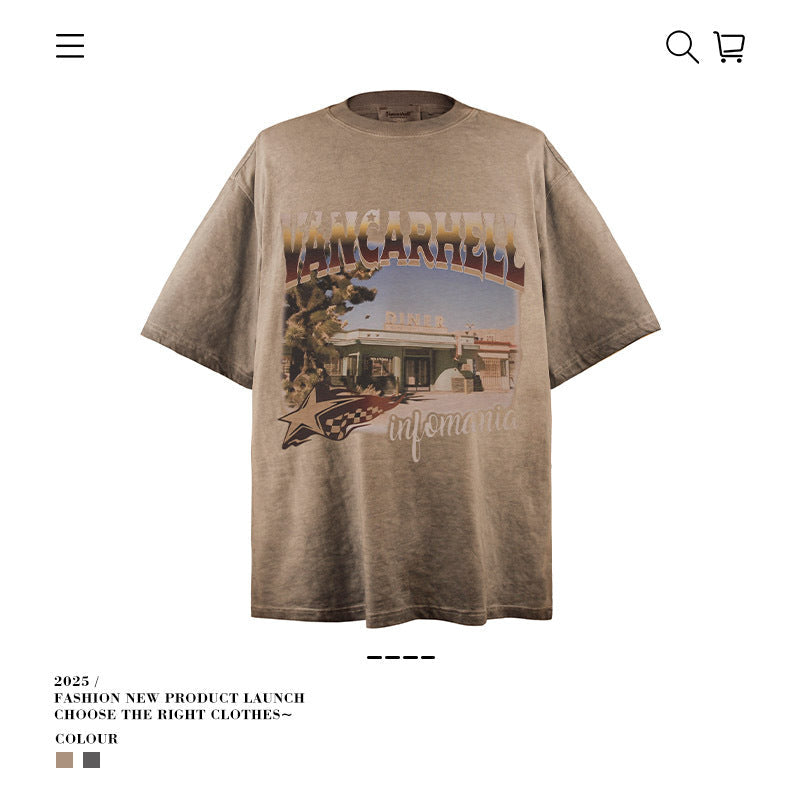American vintage street T-shirt retro men's loose casual half sleeve