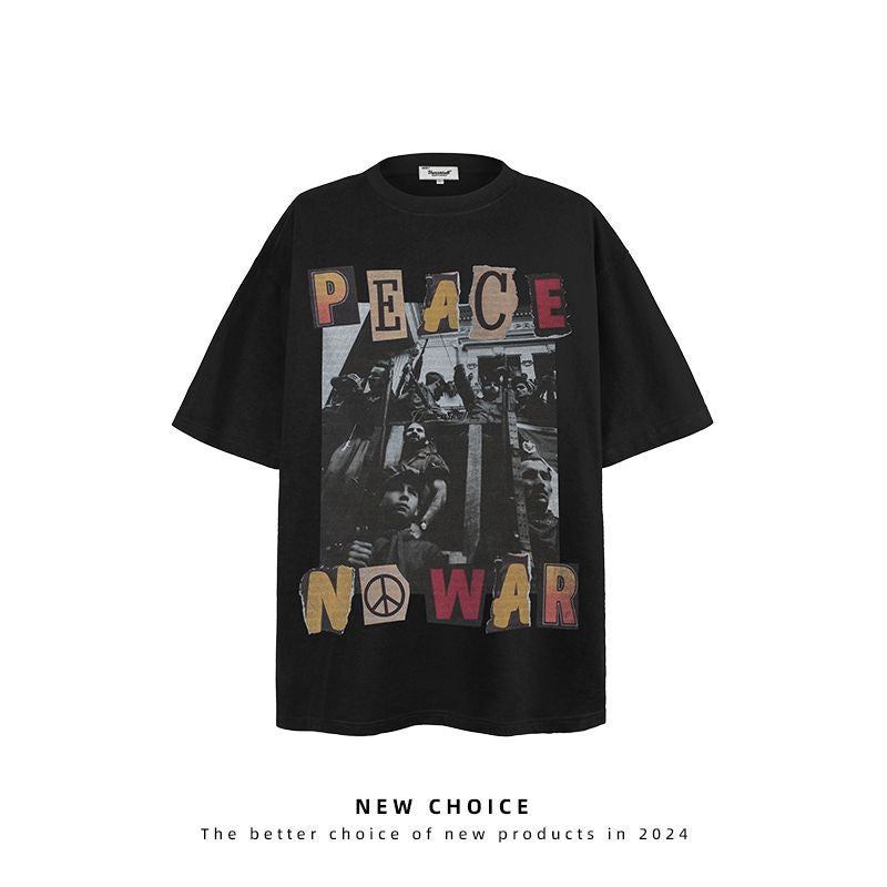 American vintage street T-shirt retro character print men's summer loose half sleeve