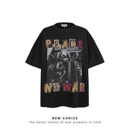 American vintage street T-shirt retro character print men's summer loose half sleeve