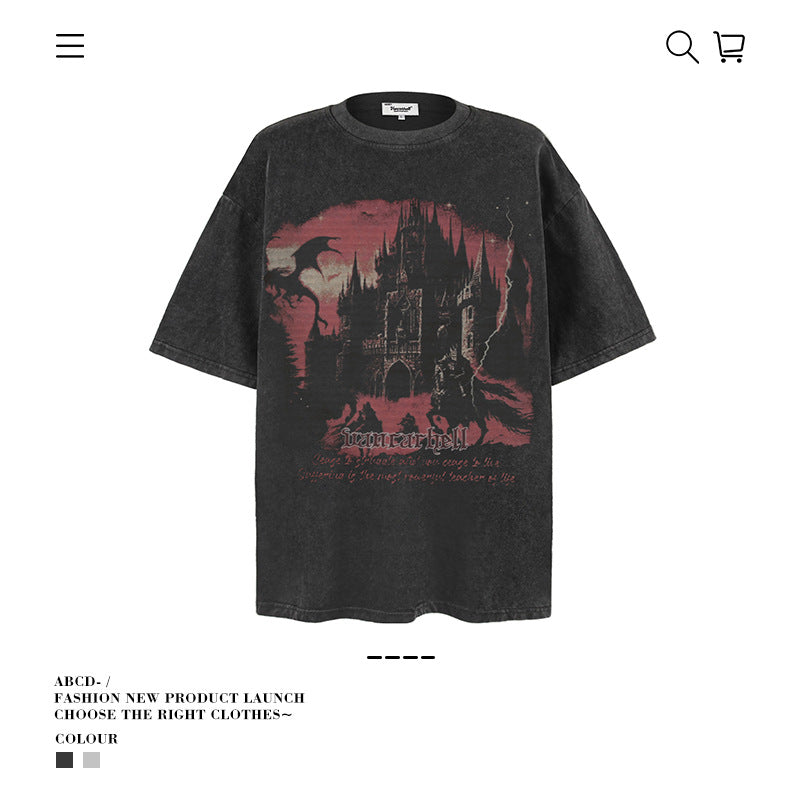 American vintage street T-shirt summer men's loose pure cotton