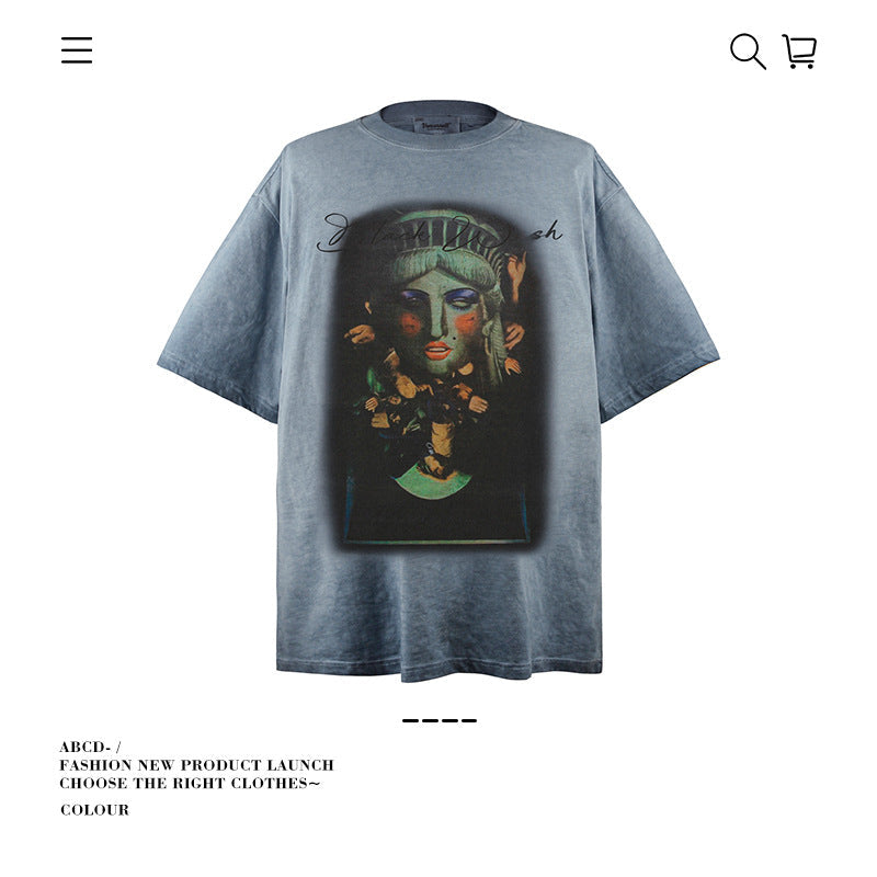 American vintage street T-shirt pure cotton retro men's and women's summer loose half sleeves