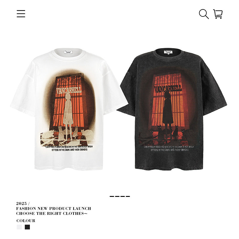 American vintage street T-shirt summer men's loose pure cotton