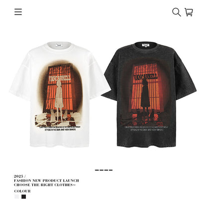 American vintage street T-shirt summer men's loose pure cotton