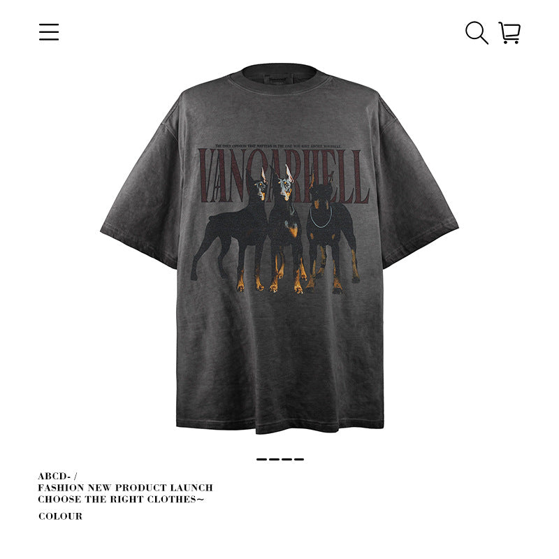 American vintage street T-shirt pure cotton retro men's summer loose half sleeve