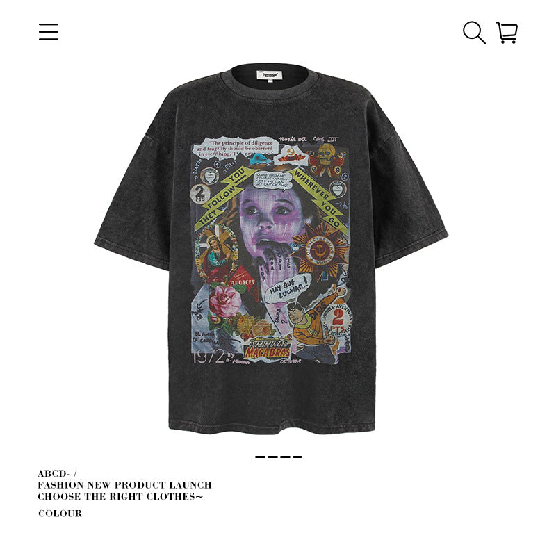 American vintage street T-shirt pure cotton retro men's and women's summer loose
