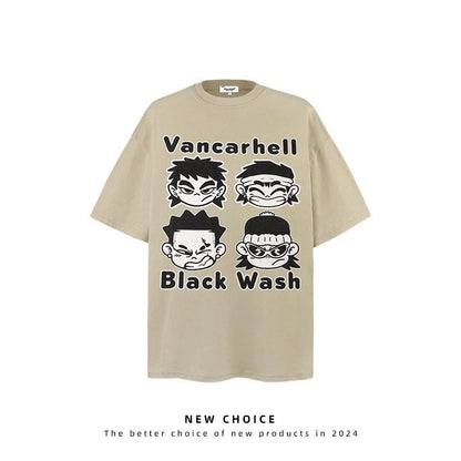 American vintage street T-shirt cartoon character print men loose half sleeve