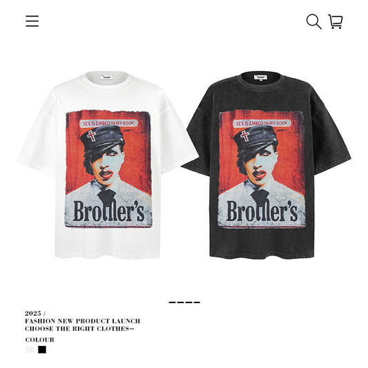 American vintage street T-shirt pure cotton retro men's and women's summer loose half sleeves