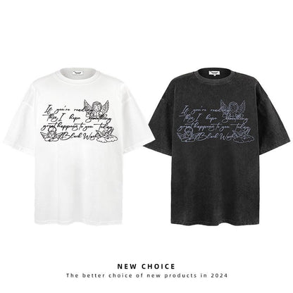 American vintage street T-shirt vintage angel tears print men's summer loose half sleeve