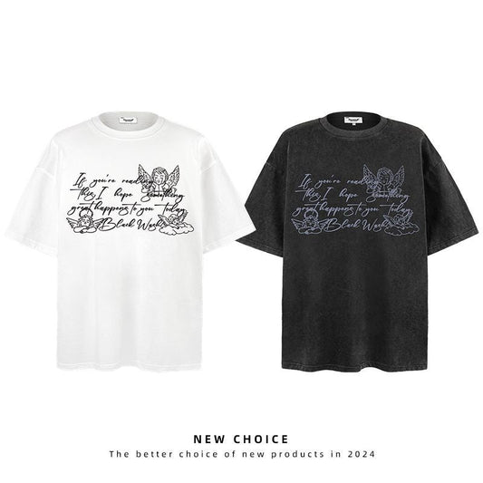 American vintage street T-shirt vintage angel tears print men's summer loose half sleeve